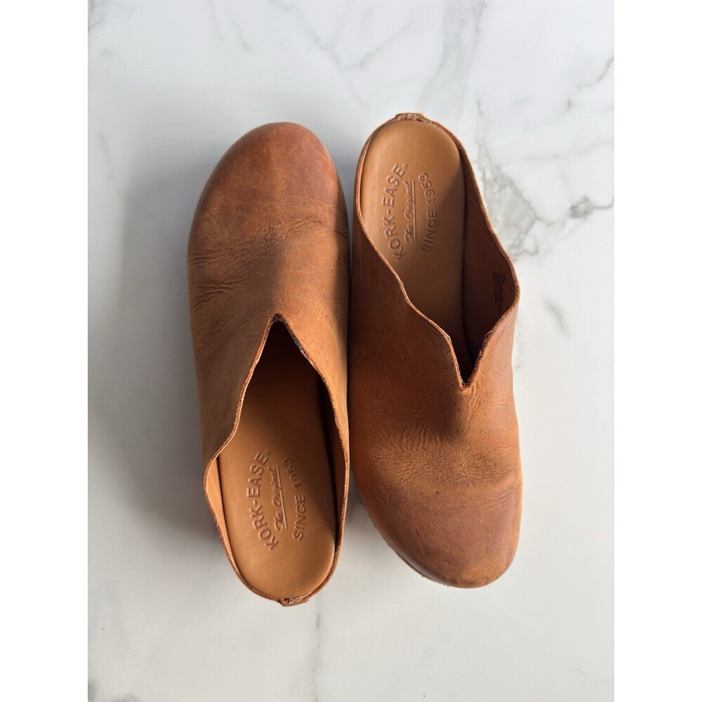 Kork-Ease Para Leather V-Notch Wedge Mules Clogs Tan Brown Size 9M